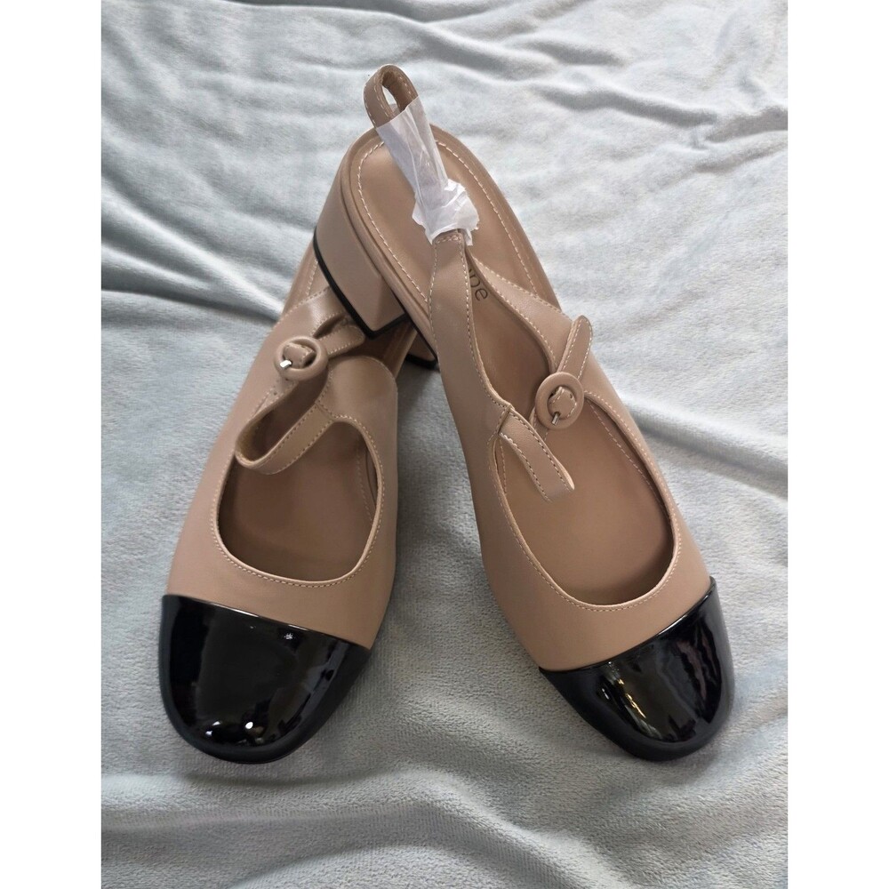Modatope Womens Slingback Pumps Size 9.5 Nude Black Cap Toe Block Heel Mary Jane